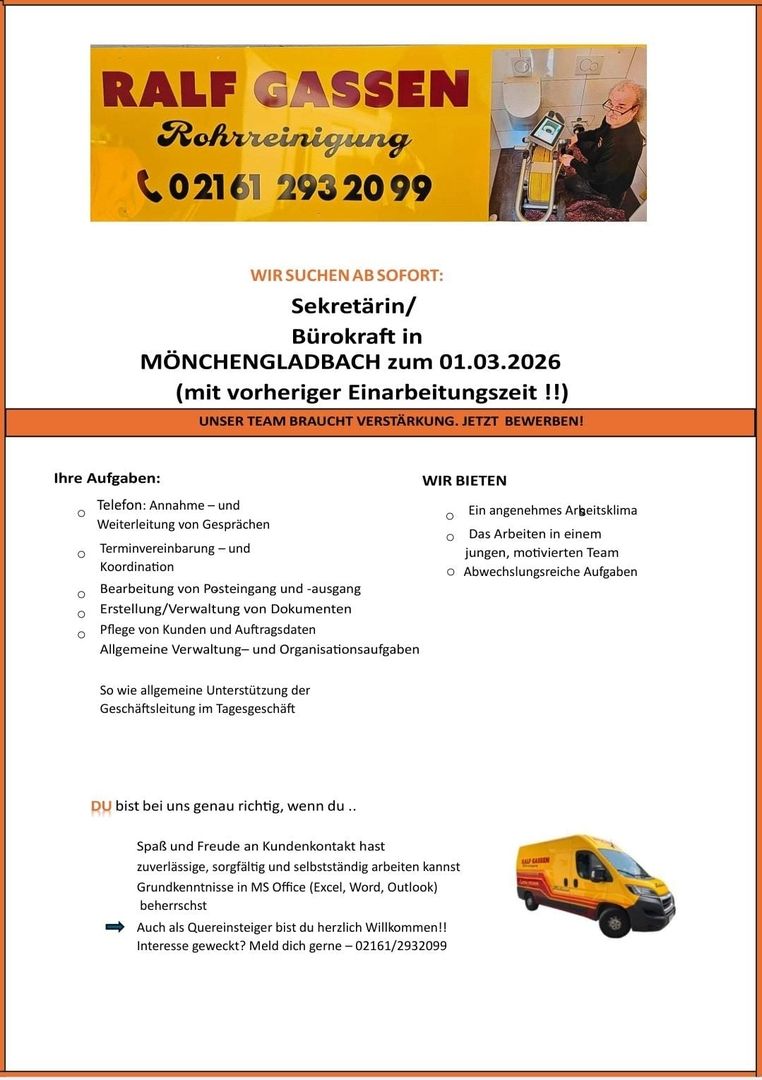 Sekretärin/Bürokraft in Mönchengladbach gesucht
